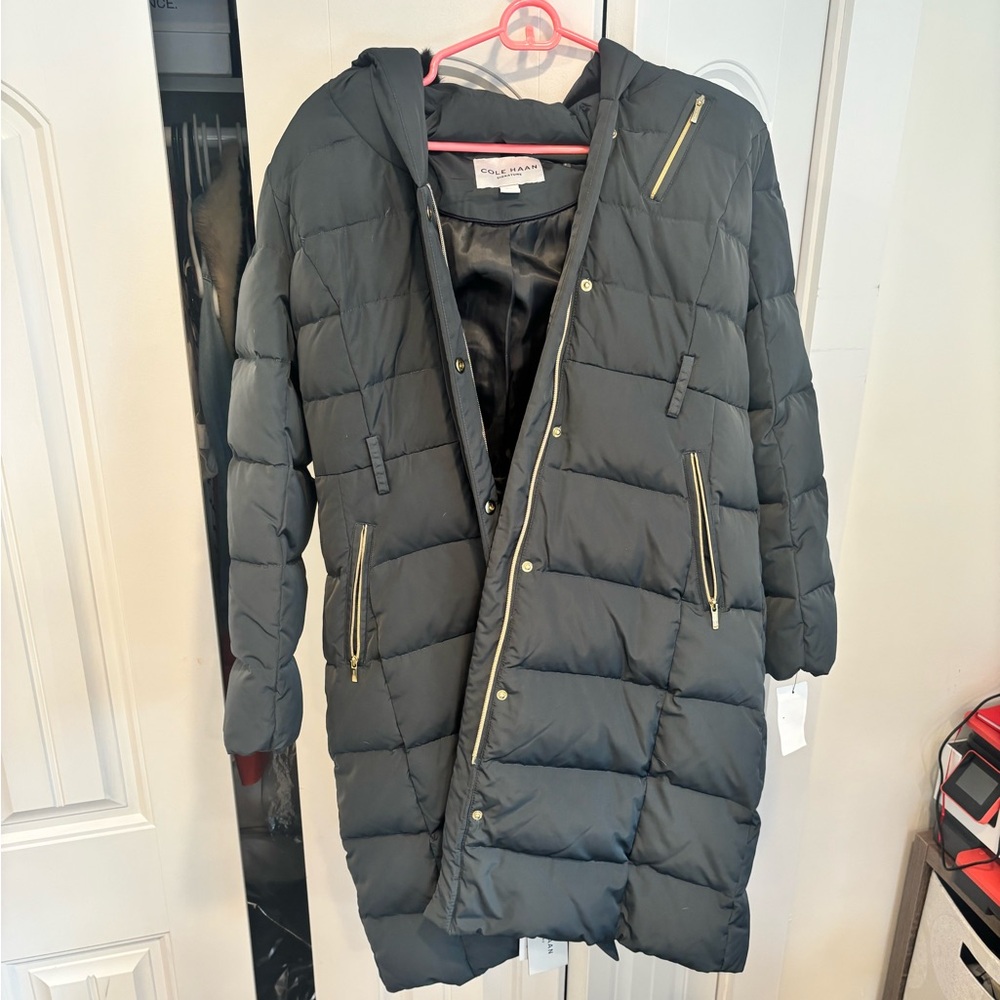 NWT - Cole Haan Navy Blue Puffer Jacket with Gold Accents